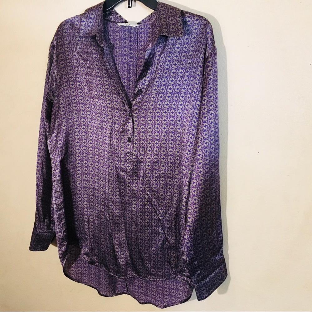 CAbi 100% Silk Purple Print Long Sleeve BU Top, M